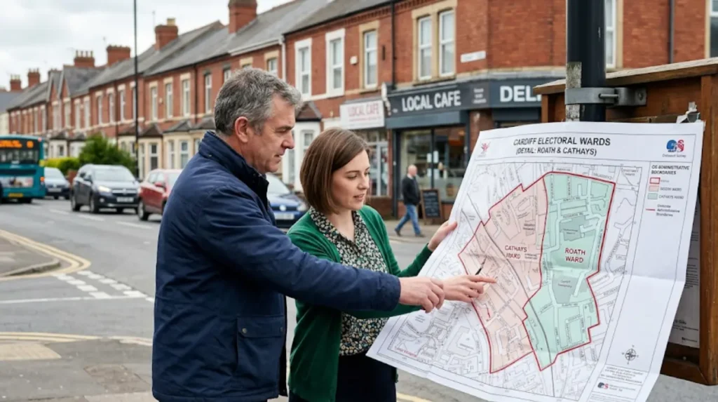 How do Cardiff’s ward boundaries define Roath and Cathays?
